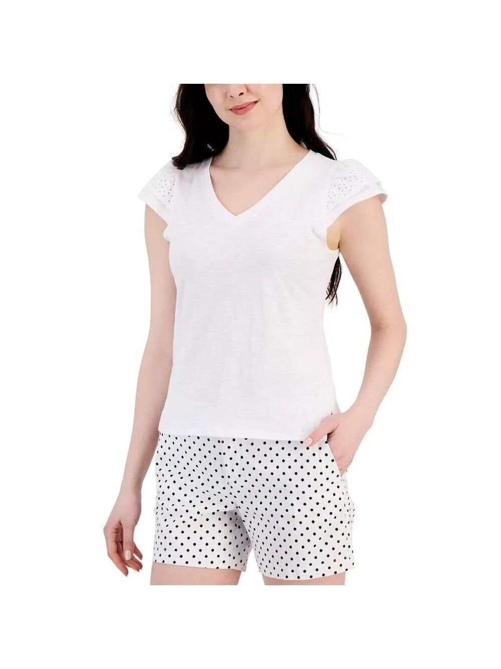 TOMMY HILFIGER Women's Cotton Eyelet Cap Sleeve V-Neck Bright White Top …